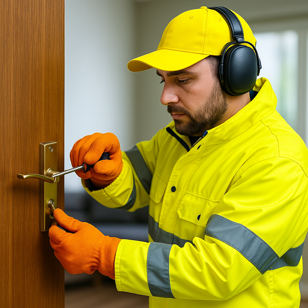 Handyman in high-visibility safety gear tightening a door handle plate with a screwdriver, representing general handyman repair services.