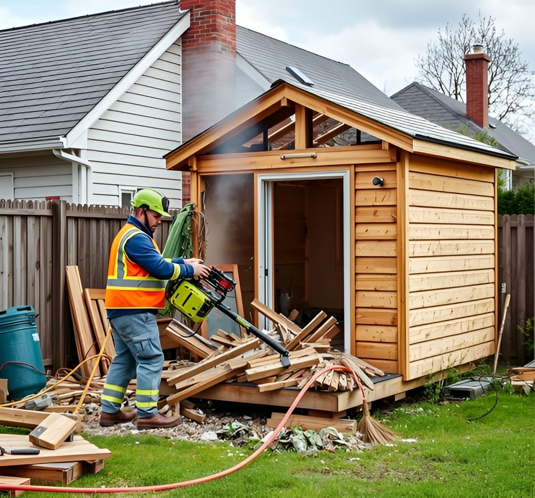 Clean Sweep team performing light demolition of a backyard shed