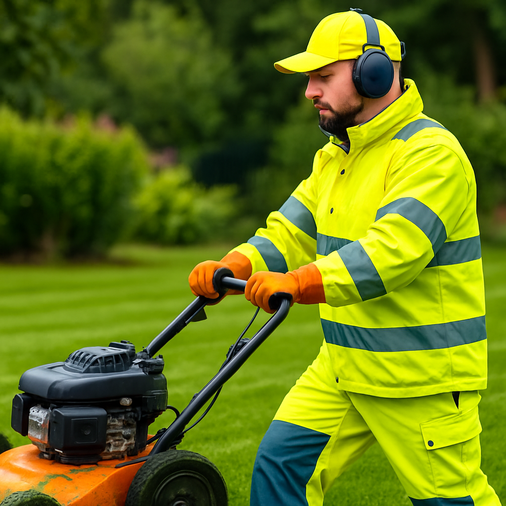 Professional groundskeeper in high-visibility gear mowing a neatly maintained lawn, representing garden and grounds care services.